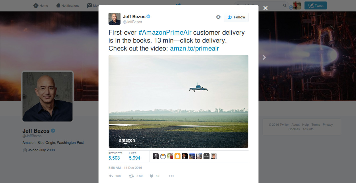 Amazon ready to ship your ordered product with its drone delivery- Official Twitter handle of Jeff Bezos | Velsof