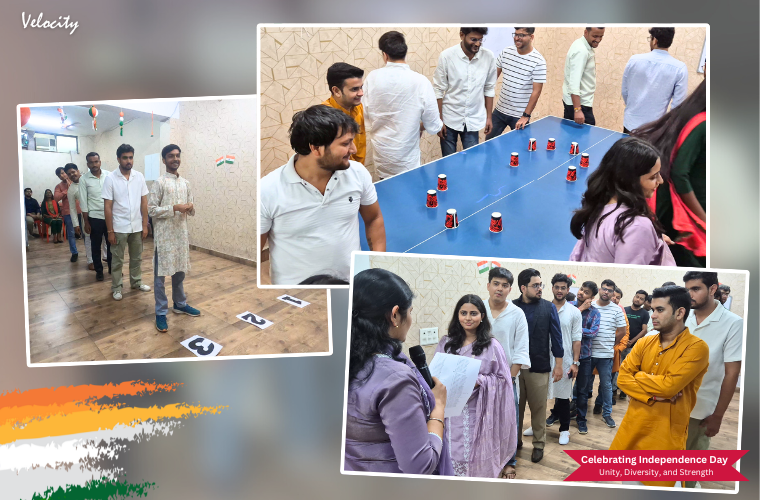 Team members enjoying interactive games as part of the corporate Independence Day celebration.