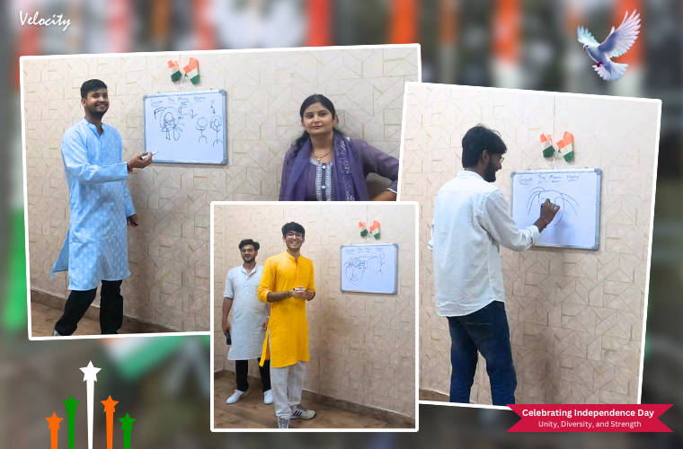 Employees participating in fun team-building games during the 79th Independence Day celebration at Velocity Software Solutions.
