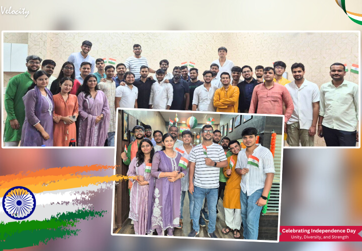 Employees posing together during the 79th Independence Day celebration at Velocity Software Solutions.