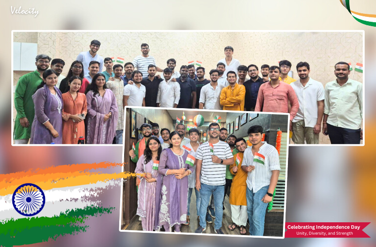 Employees posing together during the 79th Independence Day celebration at Velocity Software Solutions.