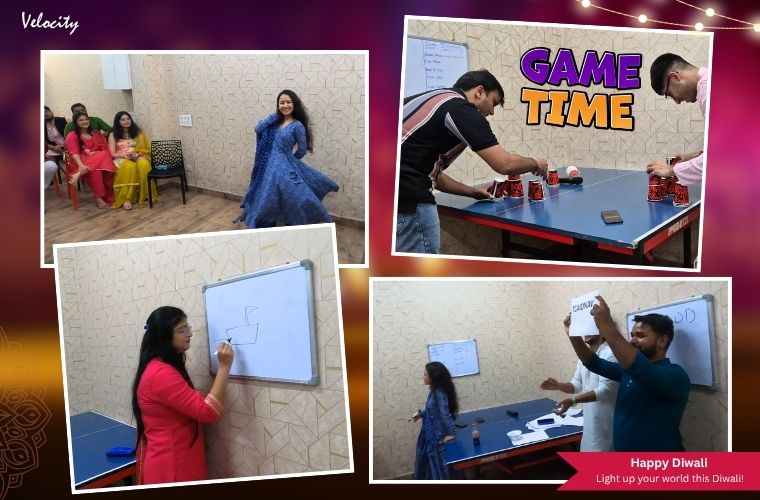 Velocity Software Solutions employees participating in fun Diwali-themed games and activities in the office, laughing and enjoying team-building moments together.