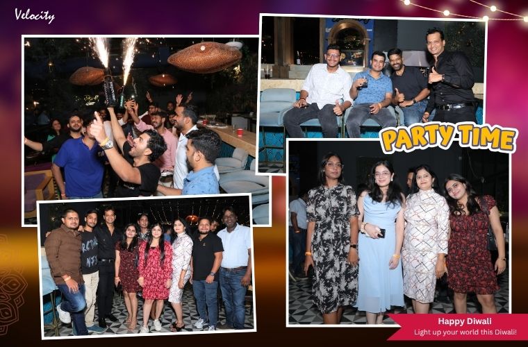Velocity Software Solutions team enjoying an evening Diwali party together at an outdoor venue, sharing laughter, dancing, and celebrating in a festive atmosphere.