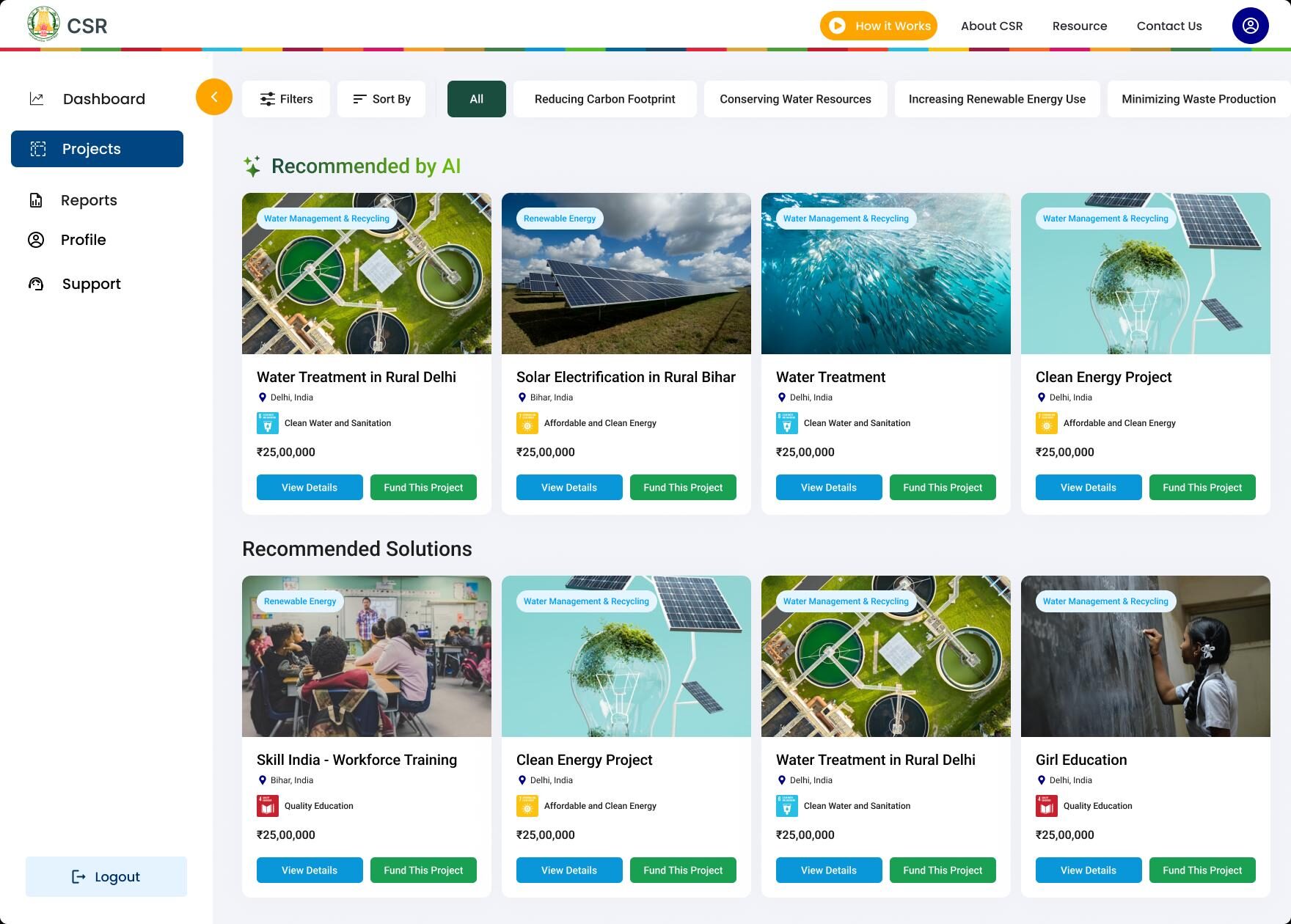 UNDP India - CSR Matchmaking Web Platform for Government of Tamil Nadu 3 AI-powered CSR matchmaking screen connecting corporate donors with government development projects in Tamil Nadu