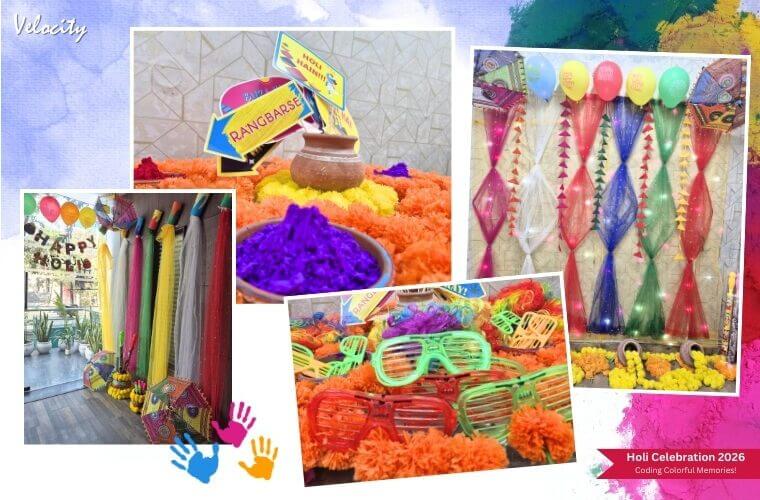 The office entrance decorated with bright traditional umbrellas, flowers, and festive elements creating a welcoming Holi celebration atmosphere.