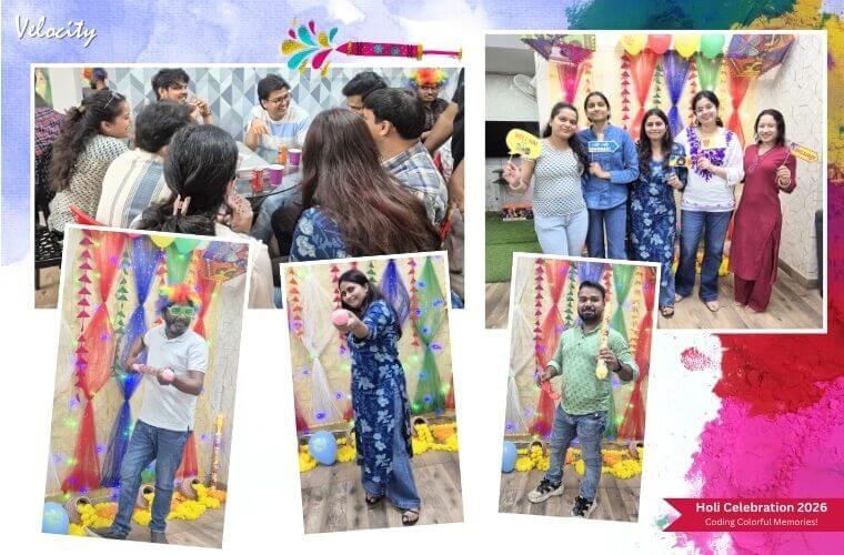 Employees enjoying the celebration by taking photos at a vibrant selfie corner designed with festive backdrops and playful props.