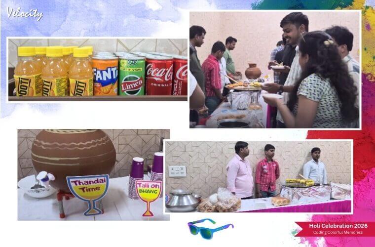 Festive food counter with Holi snacks and drinks arranged for employees.