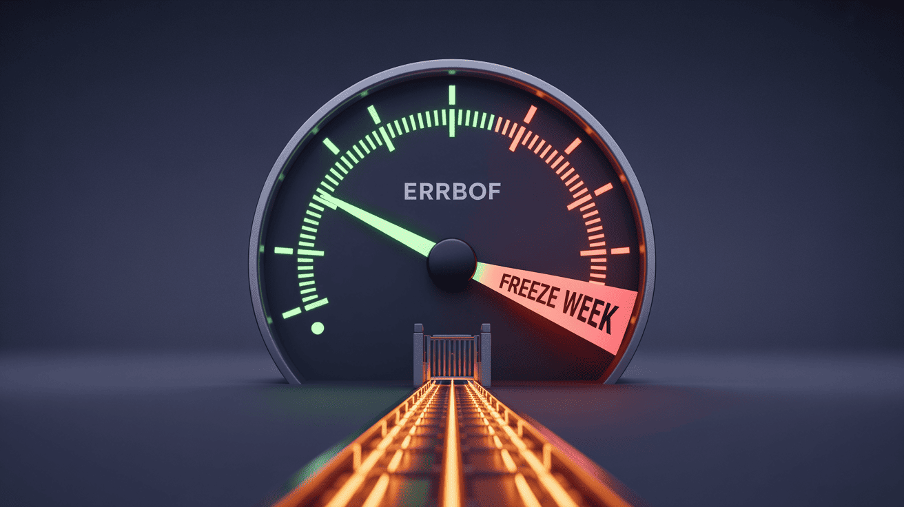 AI agent error budget gate diagram showing a fuel-gauge meter feeding a deploy pipeline that swings shut when the budget burn rate exceeds threshold