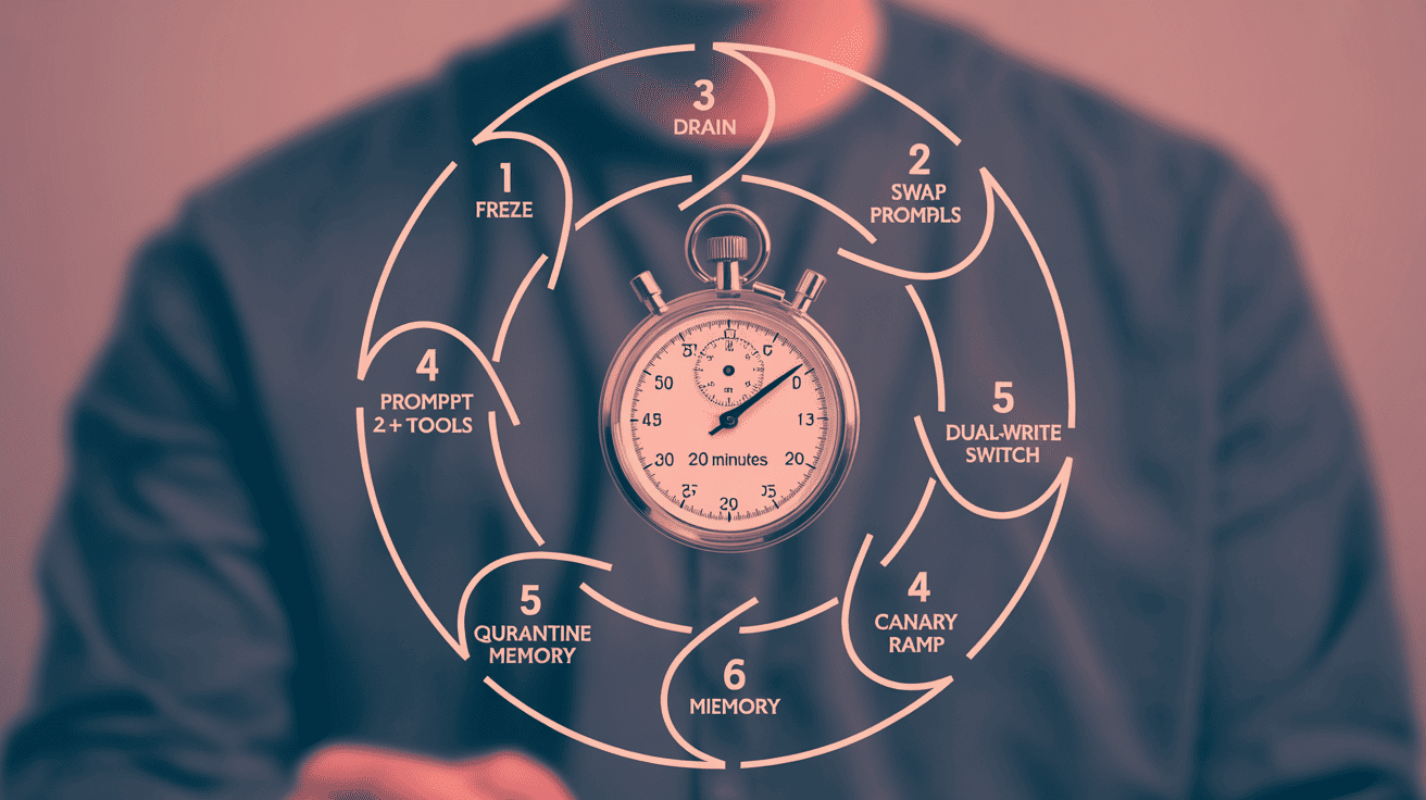 Six-step AI agent rollback playbook with a 30-minute stopwatch in the center: freeze, drain, swap prompt and tools, dual-write switch, quarantine memory, canary ramp