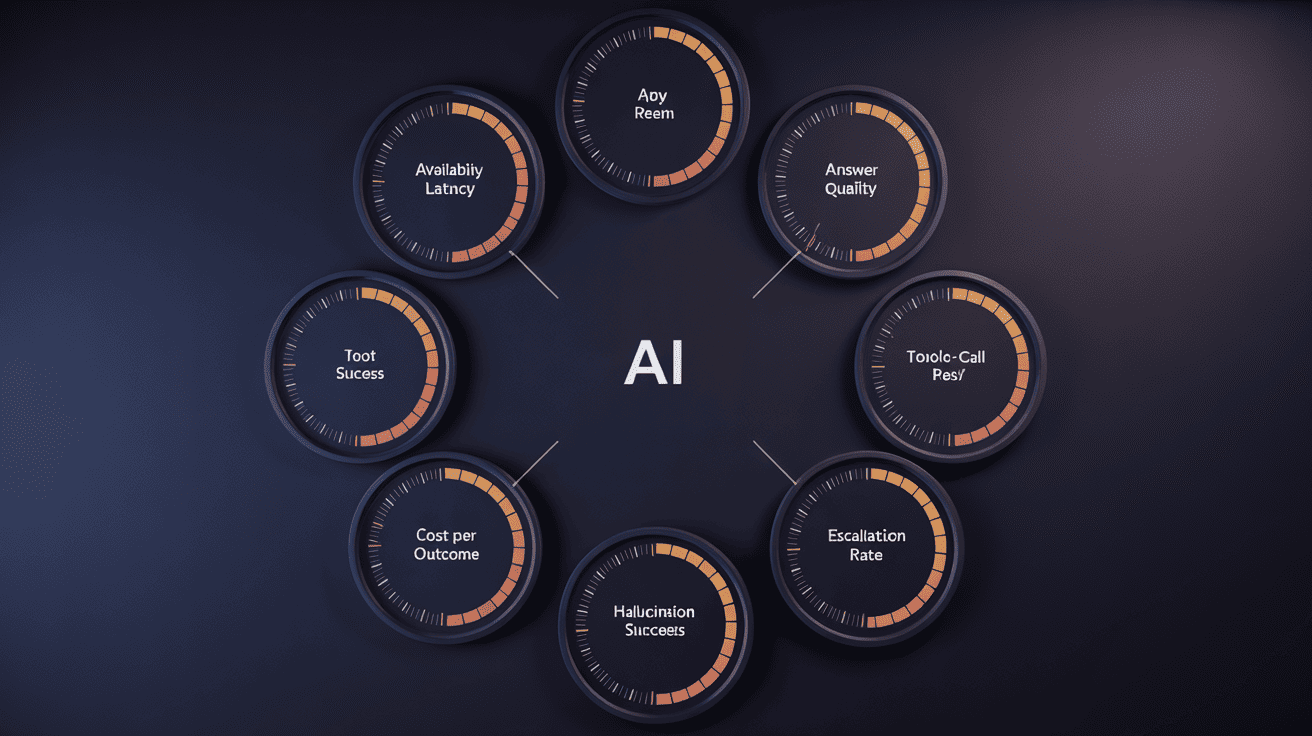 Seven-signal AI agent SLO dashboard showing availability, latency, answer quality, tool-call success, cost per outcome, hallucination rate, and escalation rate