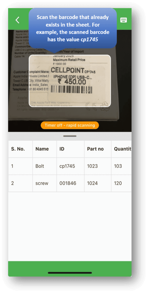 Barcode to Sheet – Pro Module: Scanning Barcodes with Existing Values in the ID Column