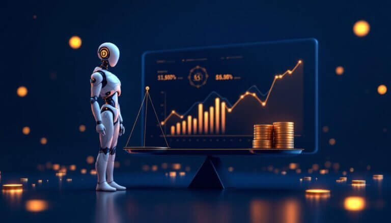 AI agent ROI dashboard with charts and balance scale