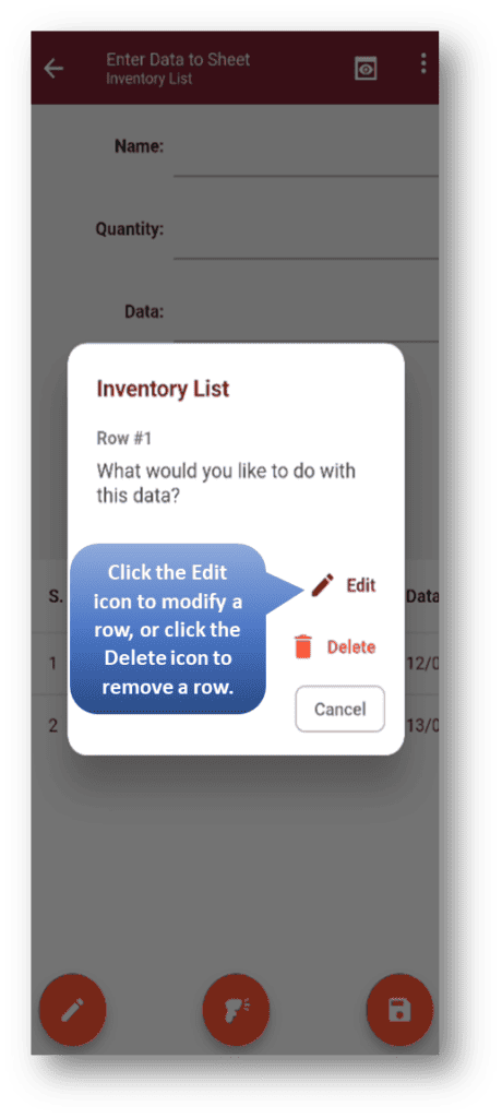 Barcode to Sheet – Standard Module: After selecting a row, you can click the Edit or Delete option to proceed with the respective action.
