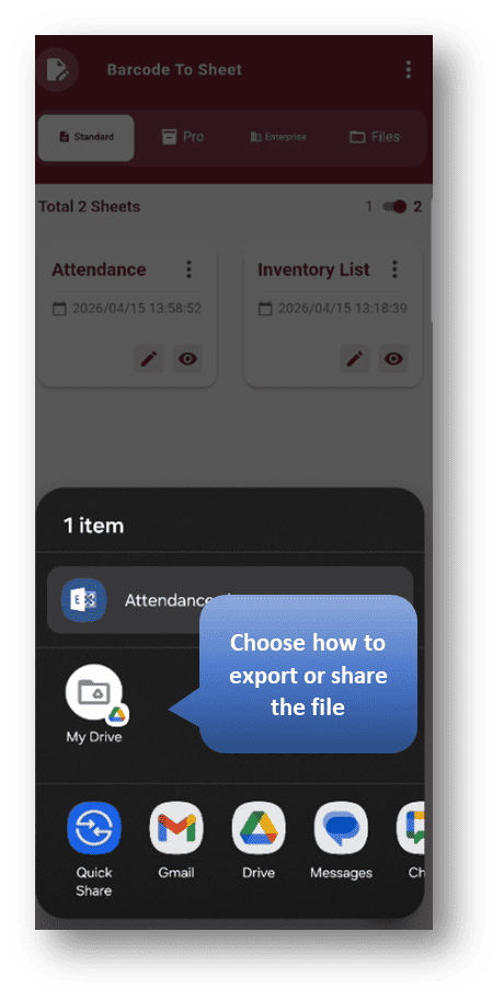 Barcode to Sheet: Standard Module:  Choose the Platform Where You Want to Export the Sheet