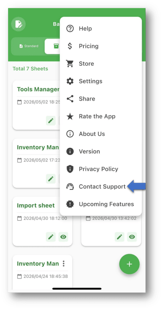 Barcode to Sheet – More Options: Click “Contact Support” if You Need Assistance from the Support Team