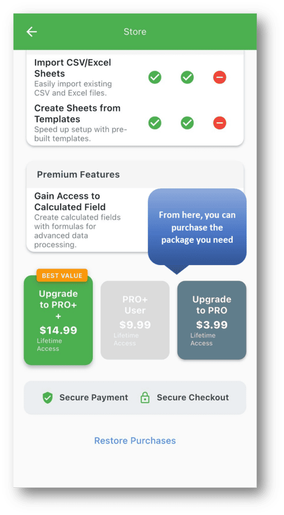 Barcode to Sheet – Store Page: From here, you can purchase available packages.