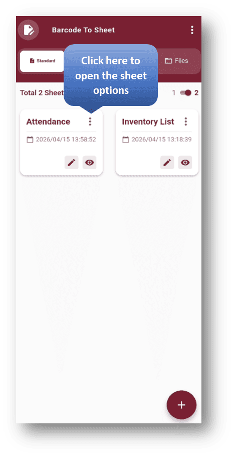 Barcode to Sheet – Standard Module: Open the Sheet Option by Clicking the Three Dots