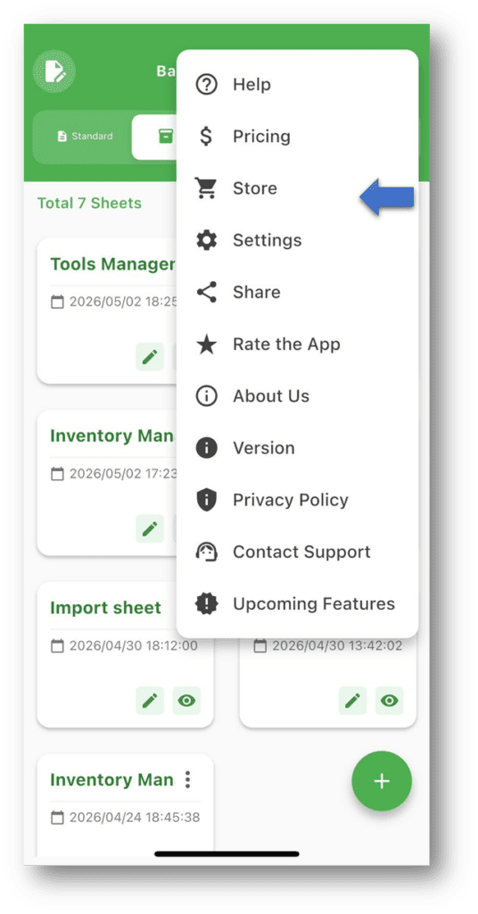 Barcode to Sheet – Store: Click “Store” from More Options to Open the Store Page, Where You Can Purchase Packages
