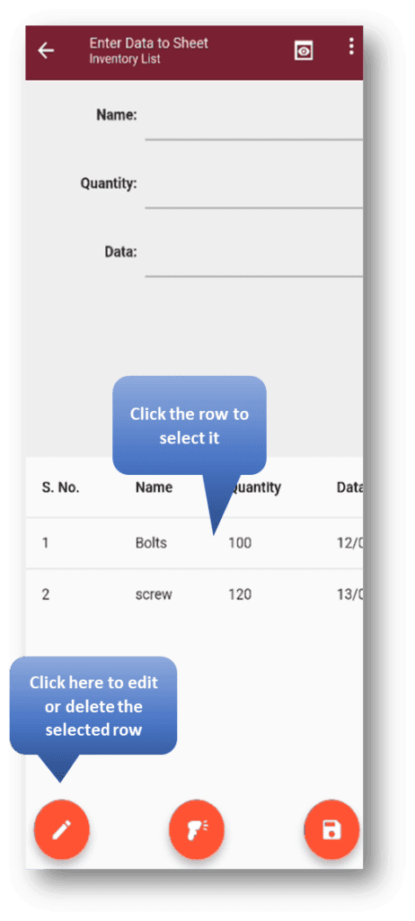 Barcode to Sheet – Standard Module: Editing Rows by Selecting and Using the Edit Icon