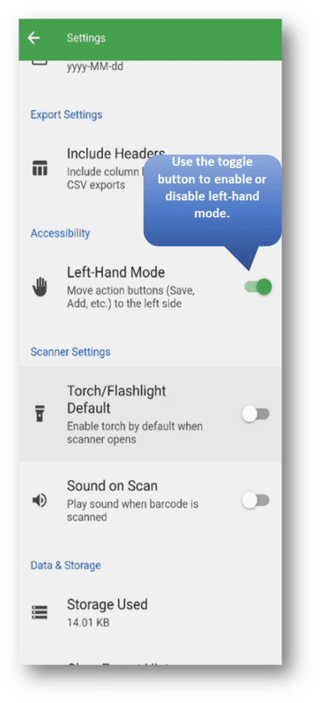 Barcode to Sheet: Use the Toggle Button to Enable or Disable Left-Hand Mode, Designed Specifically for Left-Handed Users