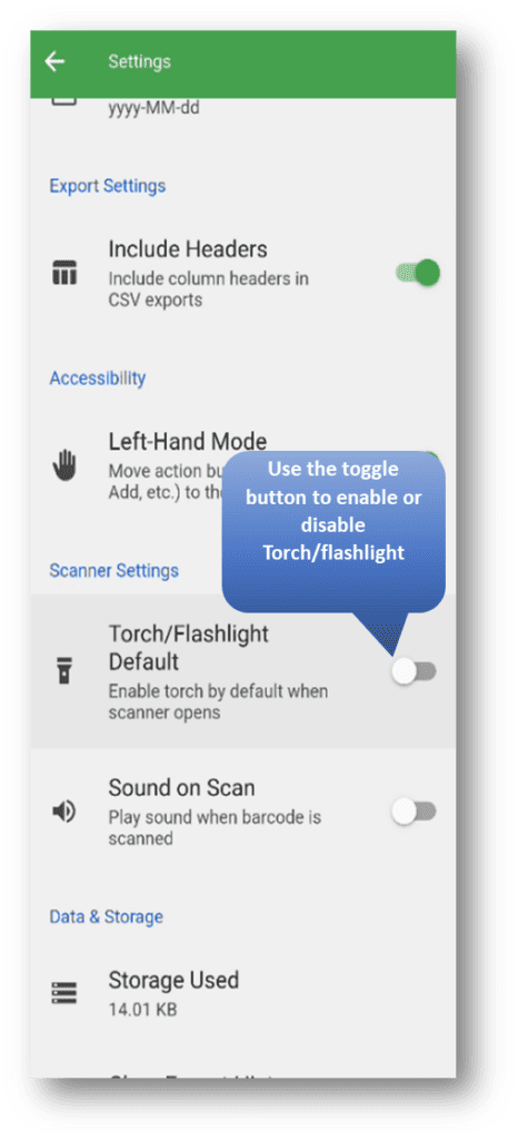 Barcode to Sheet: Use the Toggle Button to Enable or Disable the Torch/Flashlight When the Scanner Opens