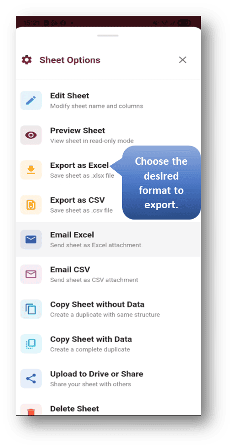 Barcode to Sheet: Standard Module:  Click “Export as Excel” or “Export as CSV” to export the sheet.