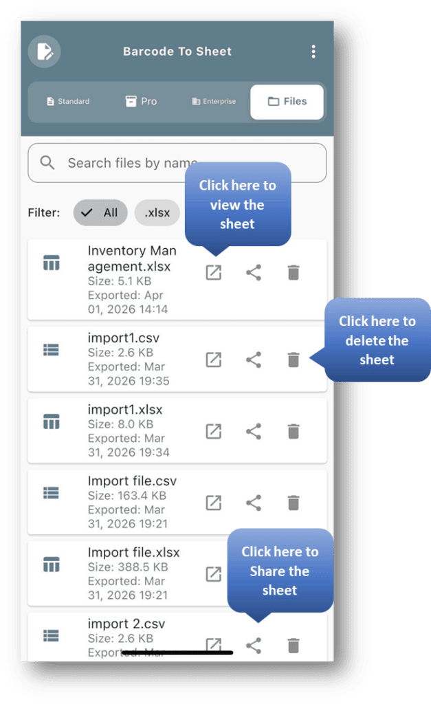 Barcode to Sheet – File Module: View and Filter Export History Across All Three Modules