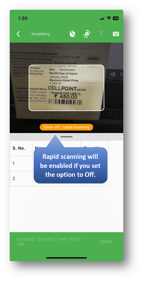 Barcode to Sheet – Pro Module: Setting the Scan Cooldown Timer to Off triggers rapid scanning, allowing barcodes to be read at lightning speed without any interval.
